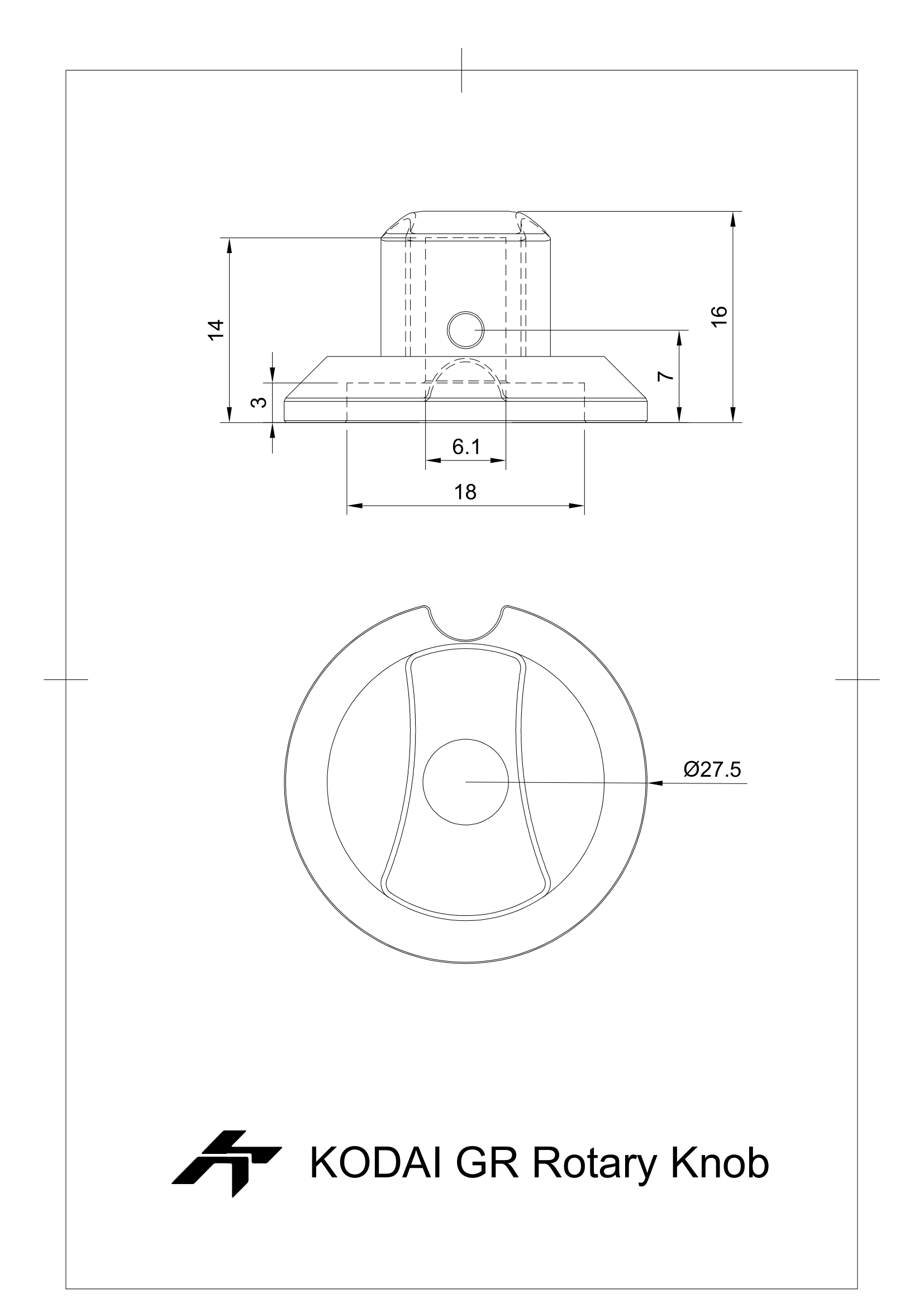 Anodized aluminium rotary knob technical drawing with dimensions for sim racing DIY project.