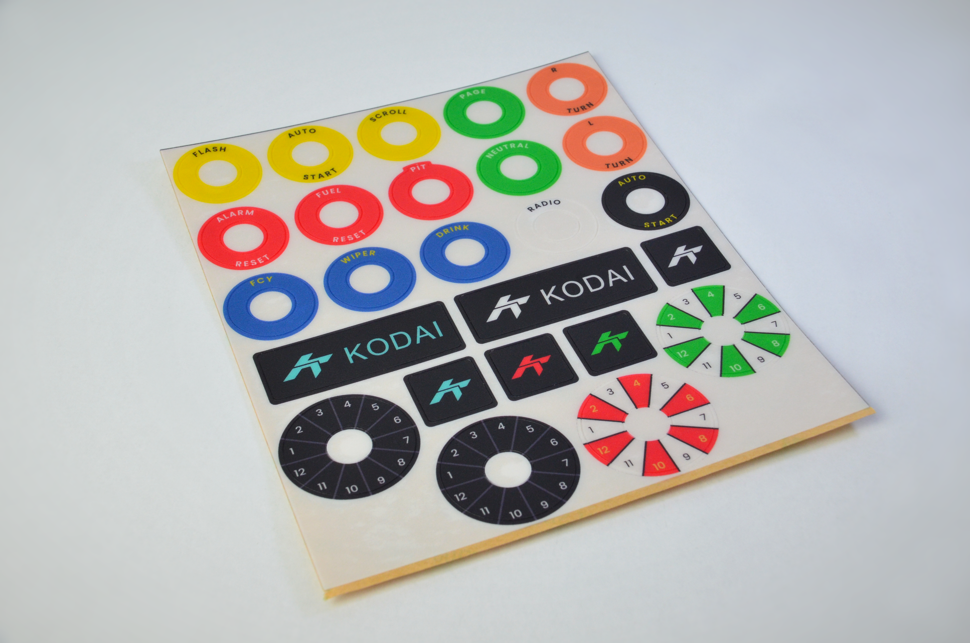 GT-R polycarbonate decal sheet for DIY sim racing steering wheel build button labels. Front view.