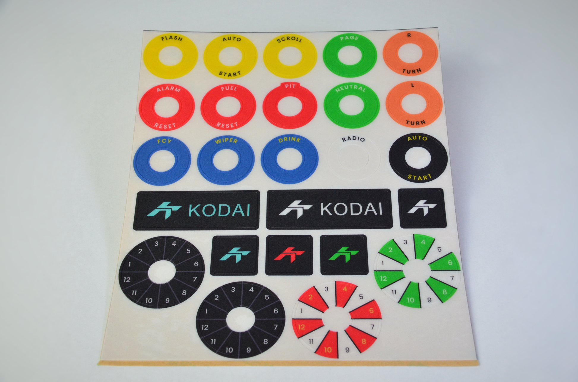 GT-R polycarbonate decal sheet for DIY sim racing steering wheel build button labels. Front centre view.