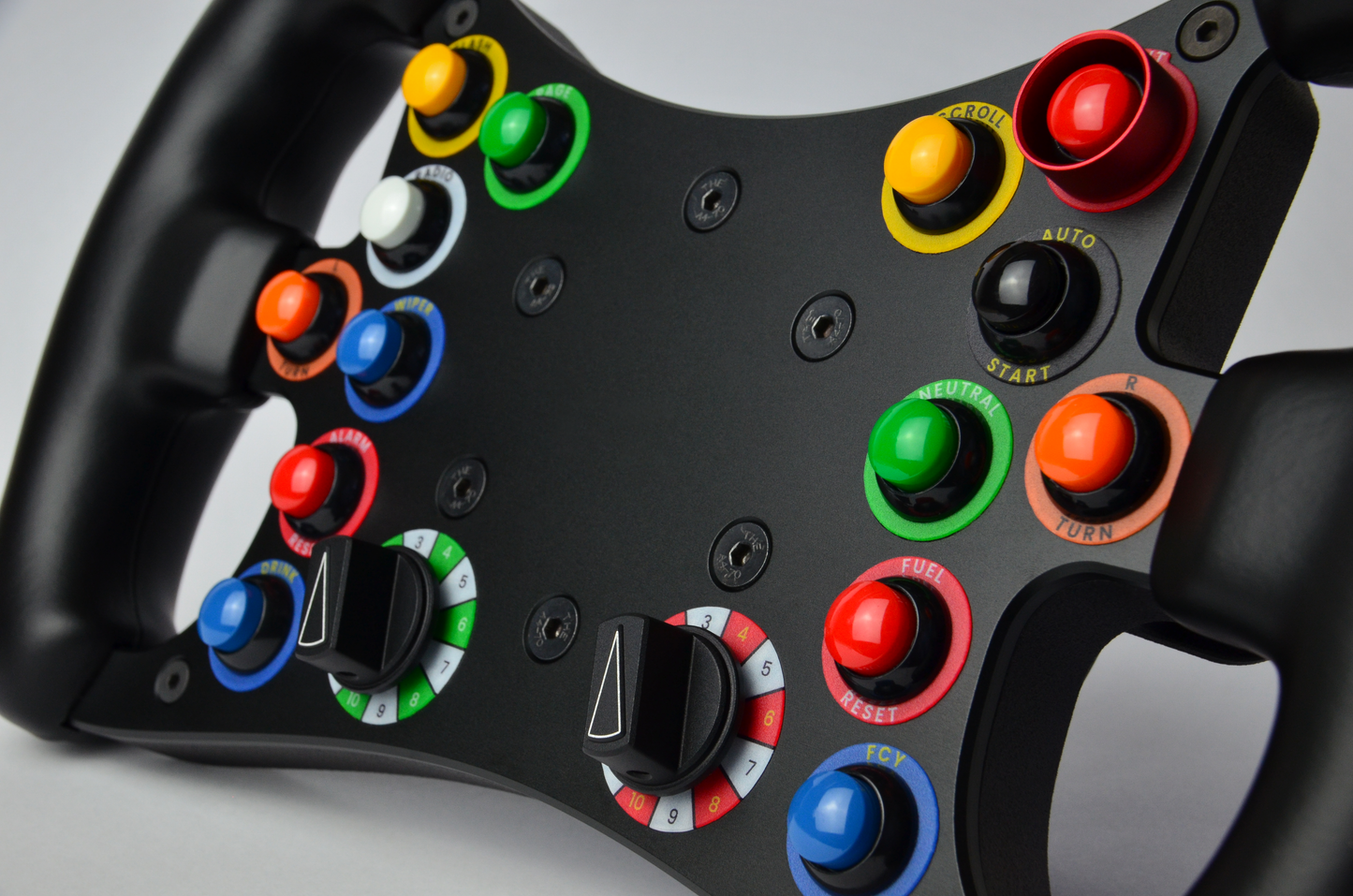 GT-R DIY sim racing steering wheel with multicolored buttons and grips. Front view.