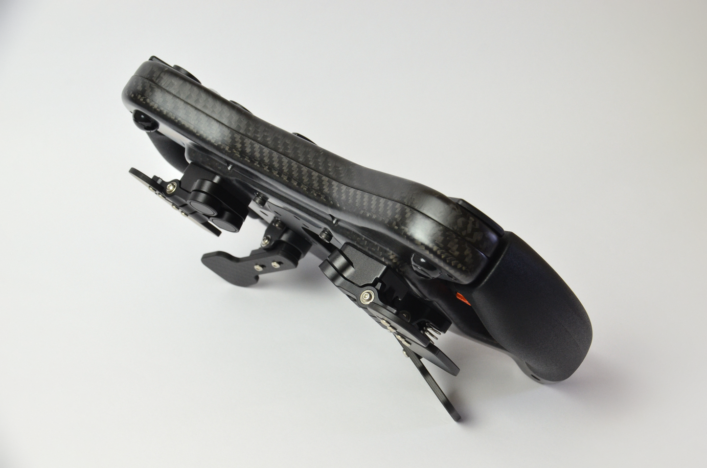 High-end GZ GT sim racing wheel with rotary encoders, paddles, and RGB buttons. Aluminium and carbon fibre.