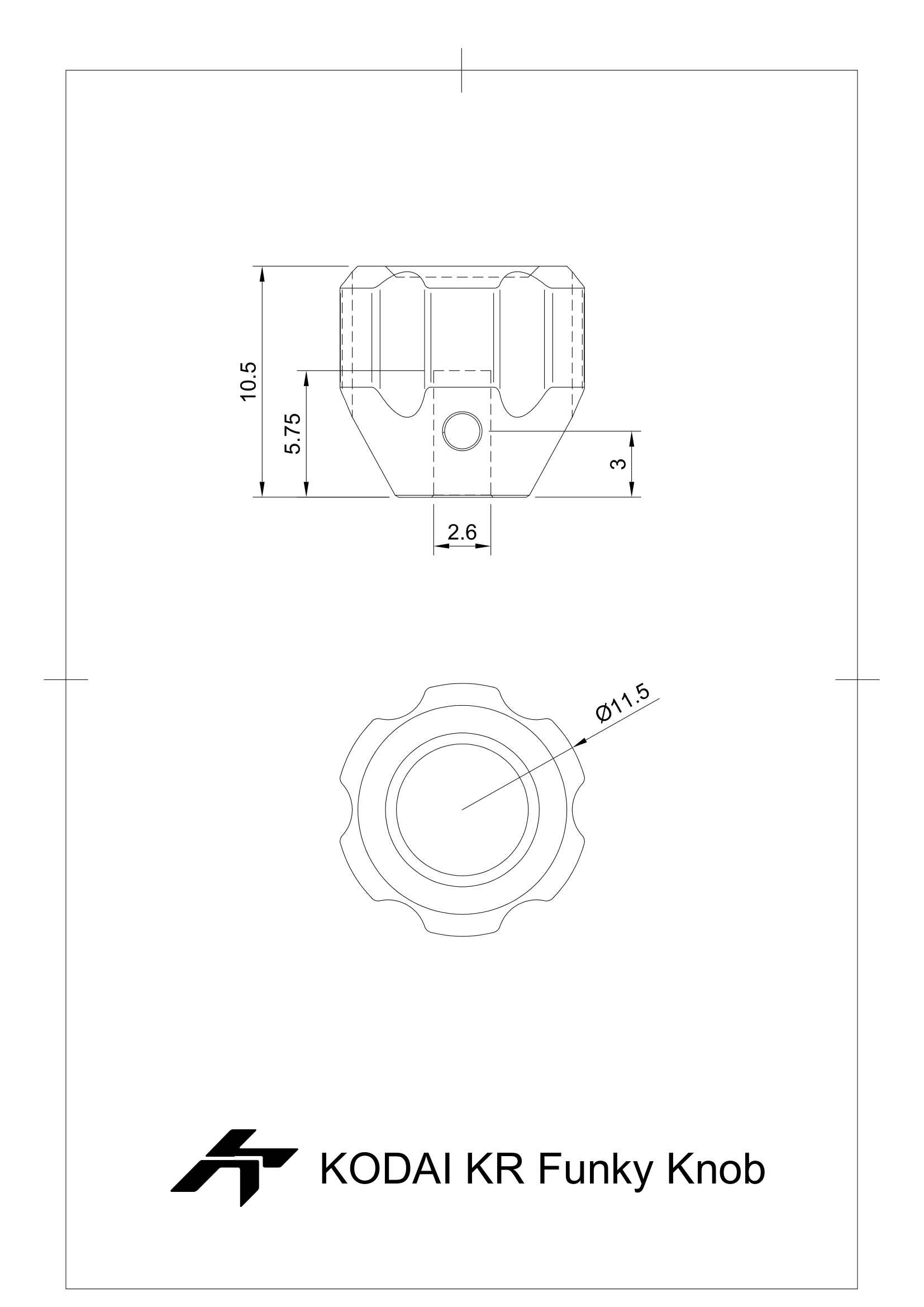 Anodized aluminium rotary knob technical drawing with dimensions for sim racing DIY project.
