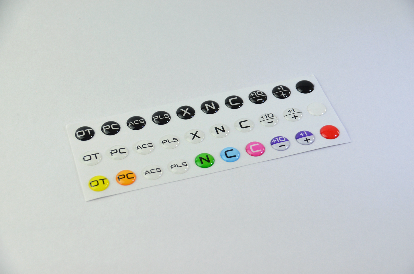 High-quality epoxy domed decals for MF1 DIY Project buttons, providing a 3D look and long-lasting protection.