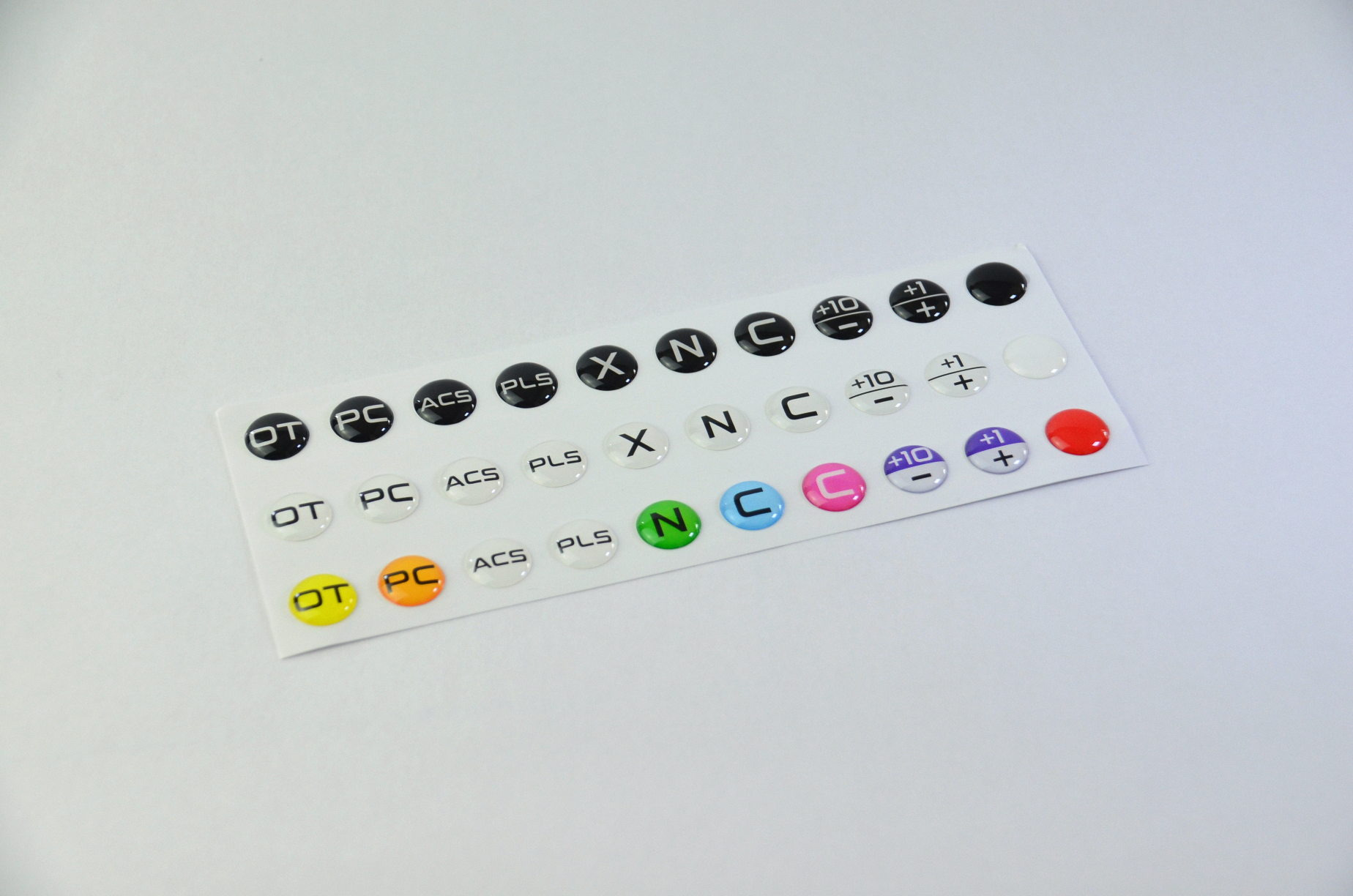 High-quality epoxy domed decals for MF1 DIY Project buttons, providing a 3D look and long-lasting protection.