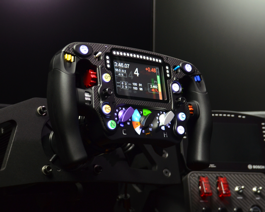 High-end MF1 Formula sim racing wheel with rotary encoders, paddles, and RGB buttons for ultimate performance