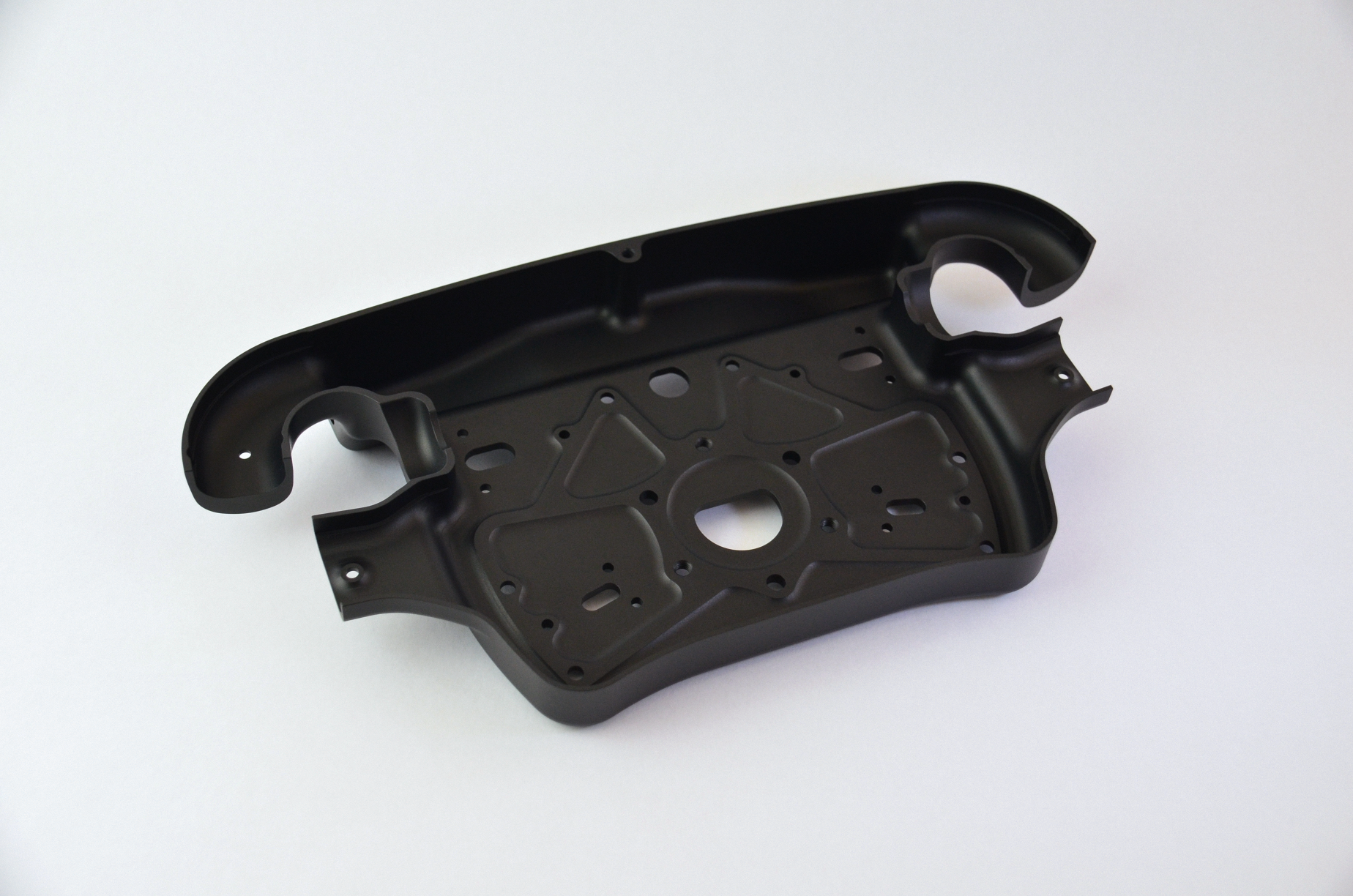 CNC machined aluminium rear enclosure with black anodized finish, designed for the MF1 DIY sim racing wheel.
