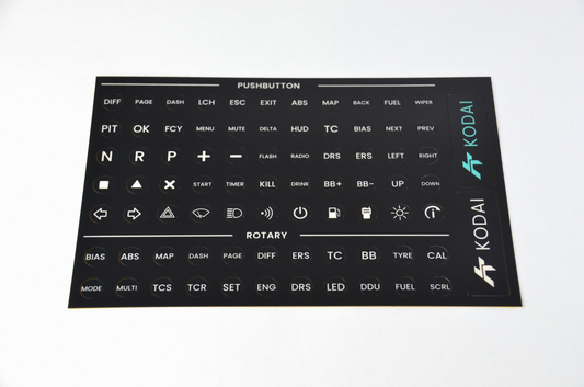 TCR3 PET decal sheet for high-quality sim racing button plate customization, durable and precise button labels. Front view.