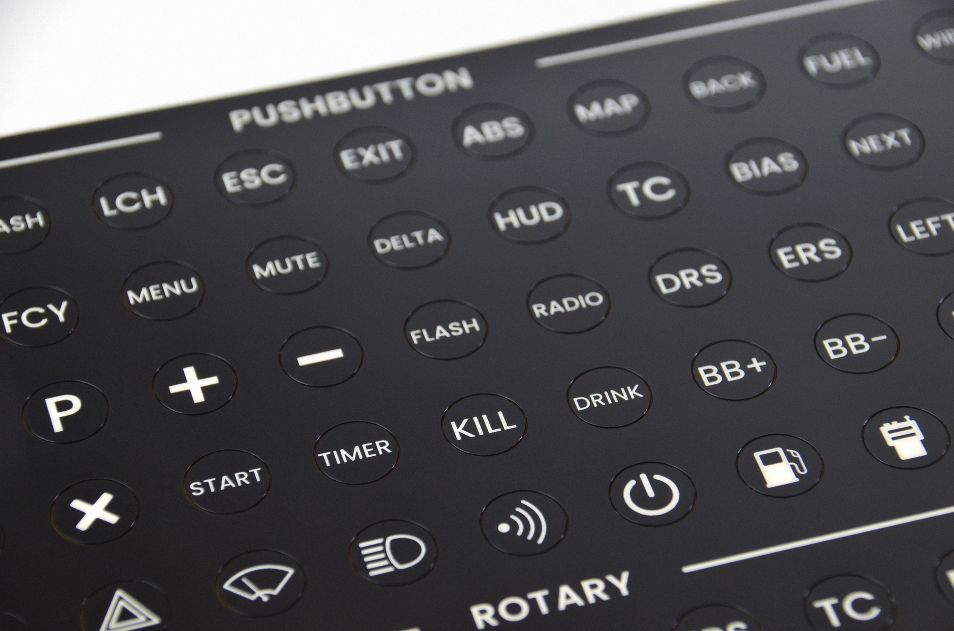 TCR3 PET decal sheet for high-quality sim racing button plate customization, durable and precise button labels. Close up view.