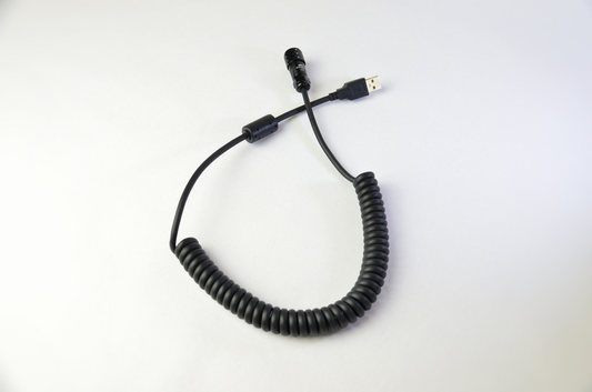 A black USB coiled cable with a USB A connector on one end and a Weipu SA12 connector on the other, on a white background.