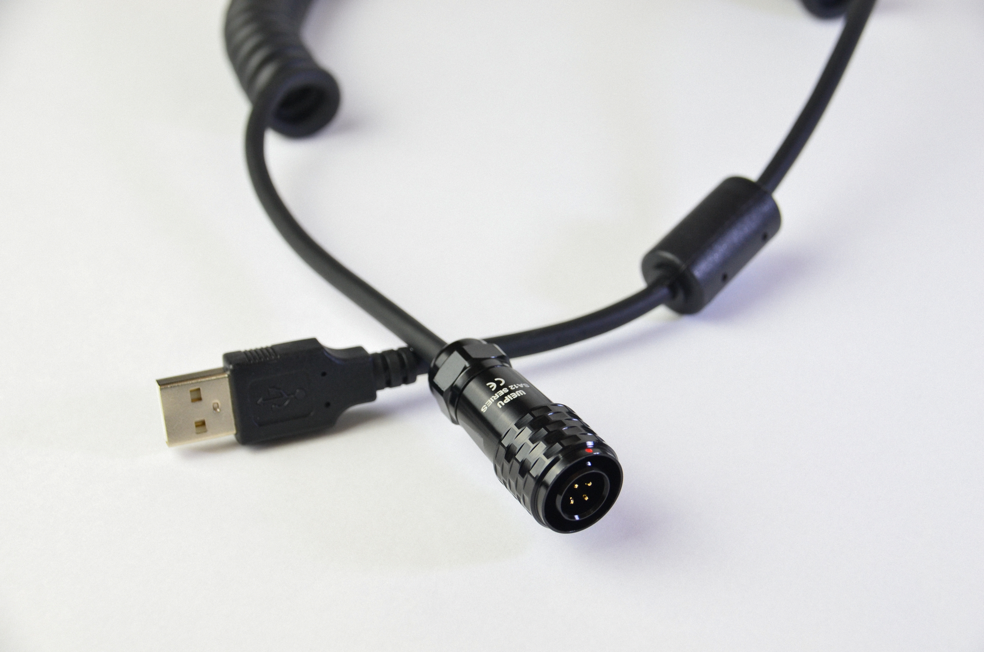 Premium USB coiled cable with USB A to Weipu SA12 connector for DIY sim racing and electronics projects