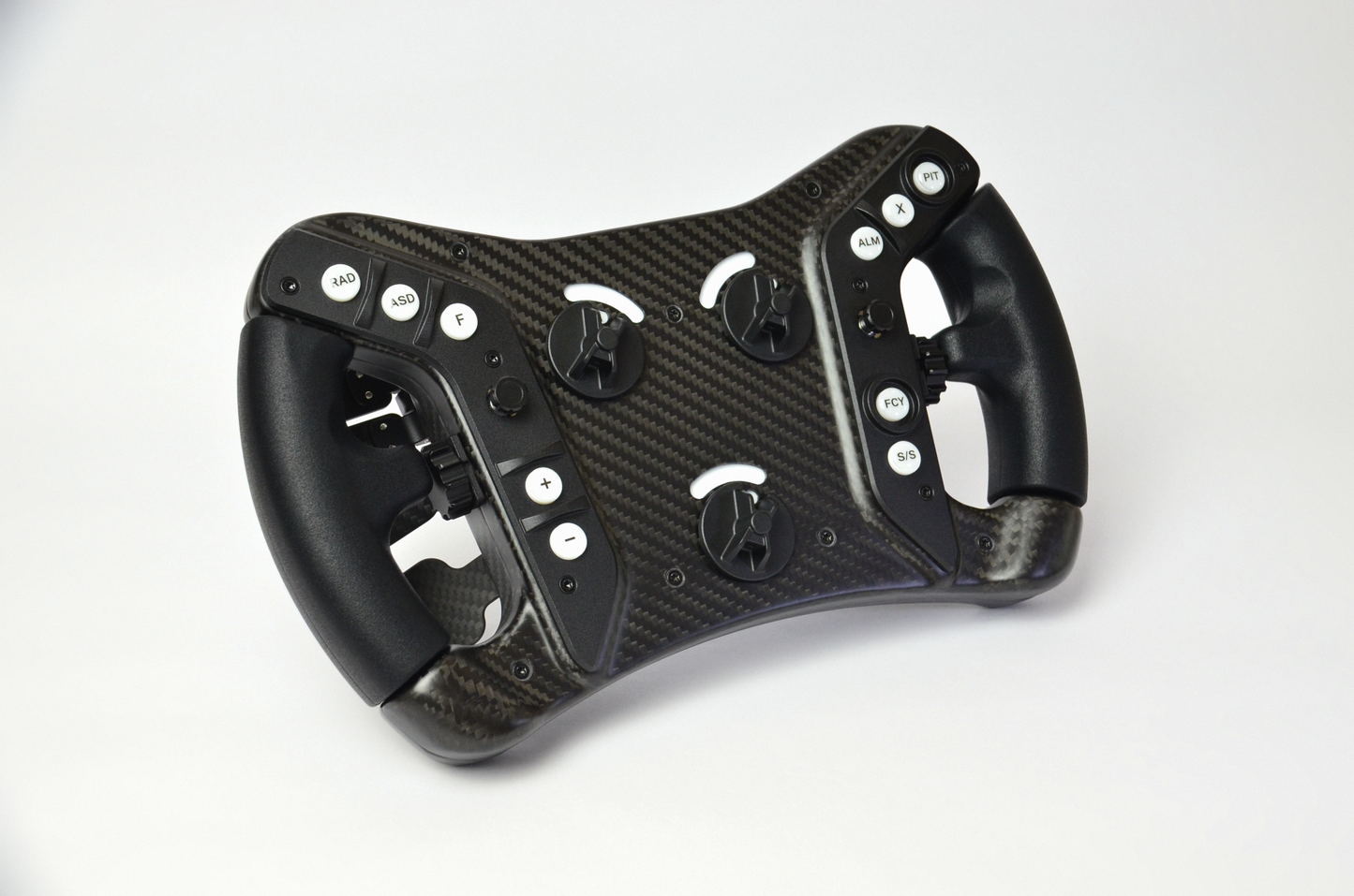 High-end AM2 GT sim racing wheel with rotary encoders, paddles, and RGB buttons. Aluminium and carbon fibre.