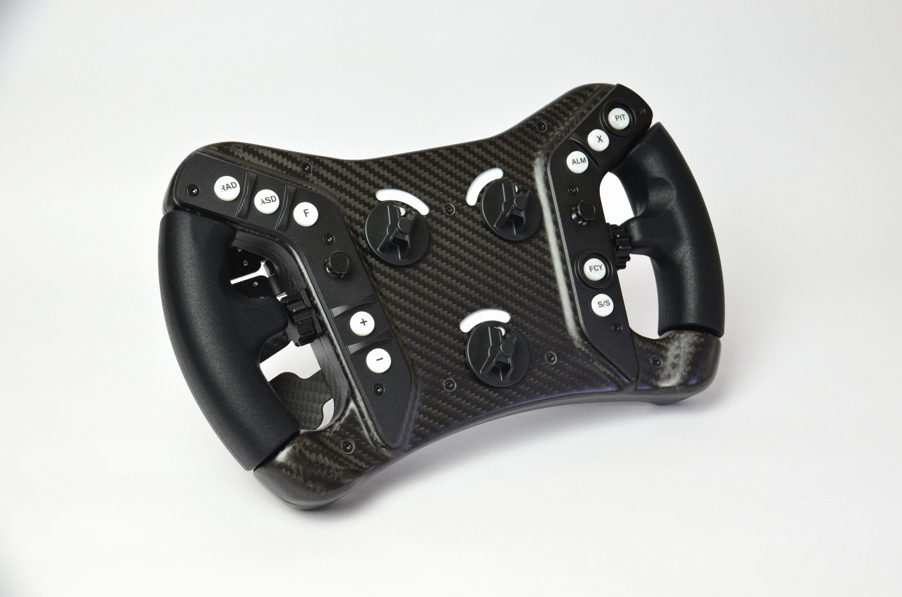 High-end AM2 GT sim racing wheel with rotary encoders, paddles, and RGB buttons. Aluminium and carbon fibre.
