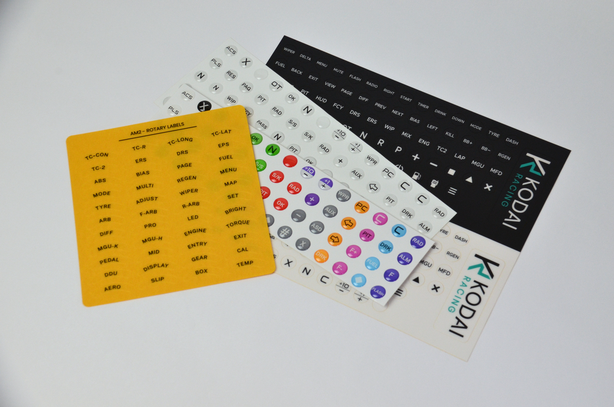 High-end AM2 GT sim racing wheel decal sticker sheets with PET and Epoxy Dome.