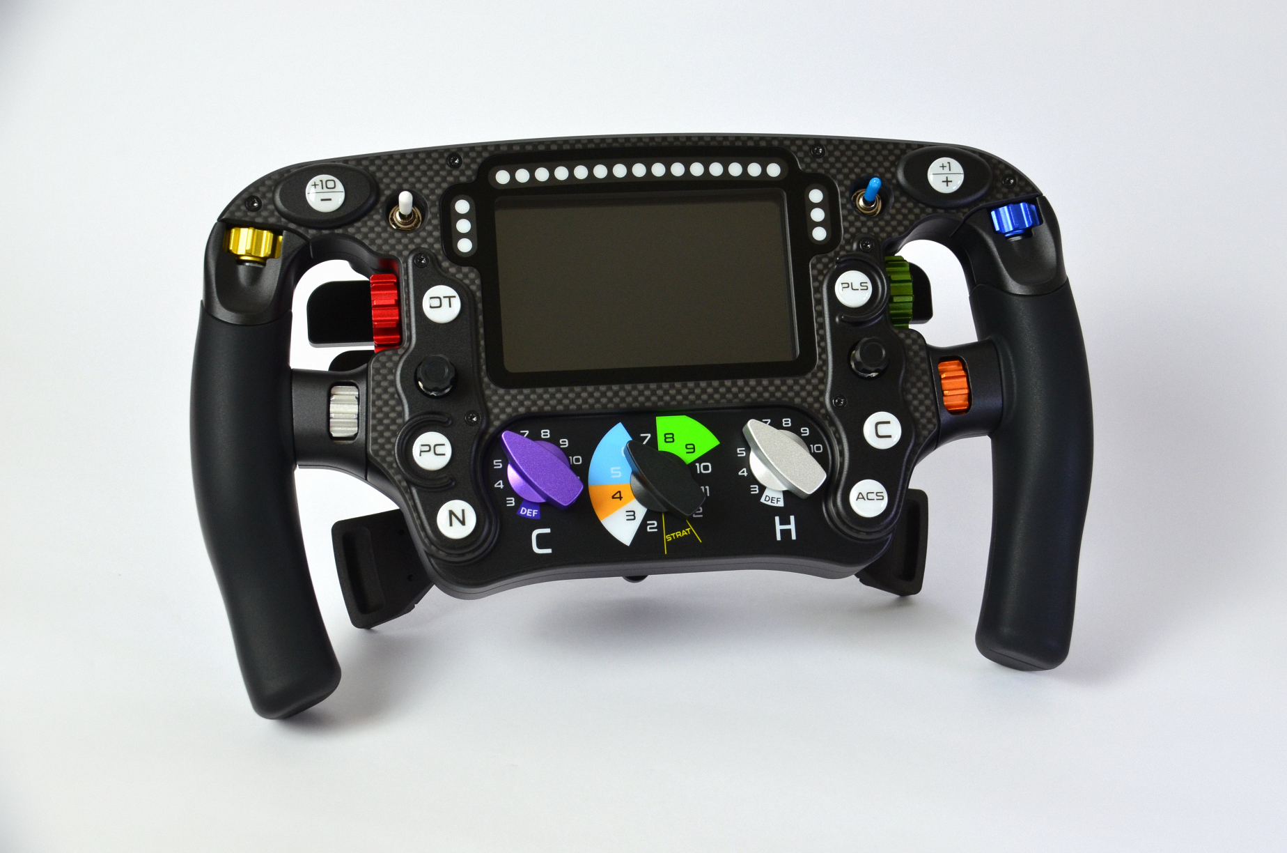 High-end MF1 Formula sim racing wheel with rotary encoders, paddles, and RGB buttons. Aluminium and carbon fibre.