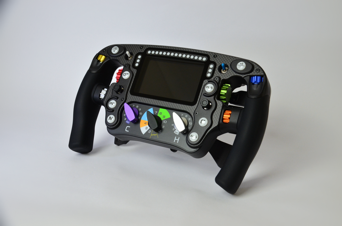 High-end MF1 Formula sim racing wheel with rotary encoders, paddles, and RGB buttons. Aluminium and carbon fibre.