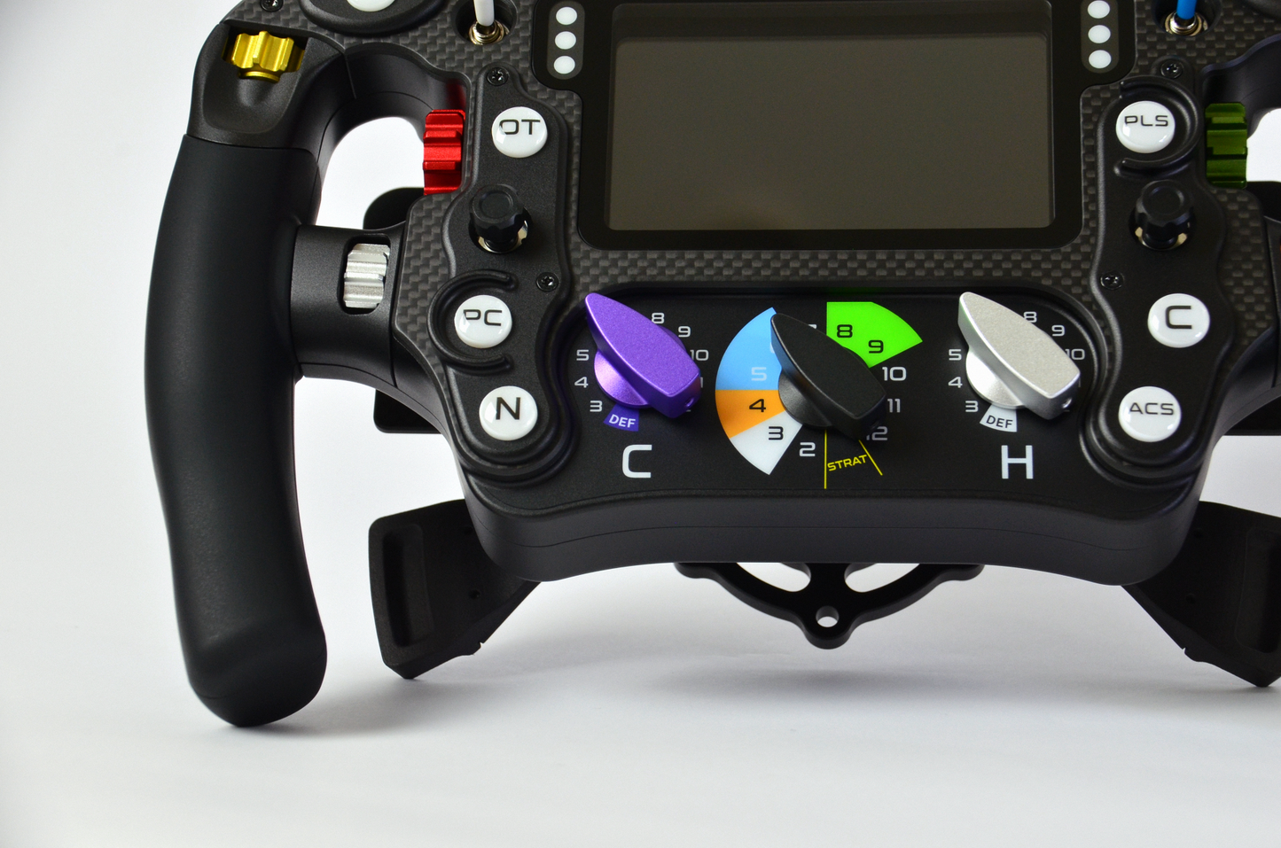 High-end MF1 Formula sim racing wheel with rotary encoders, paddles, and RGB buttons. Aluminium and carbon fibre.