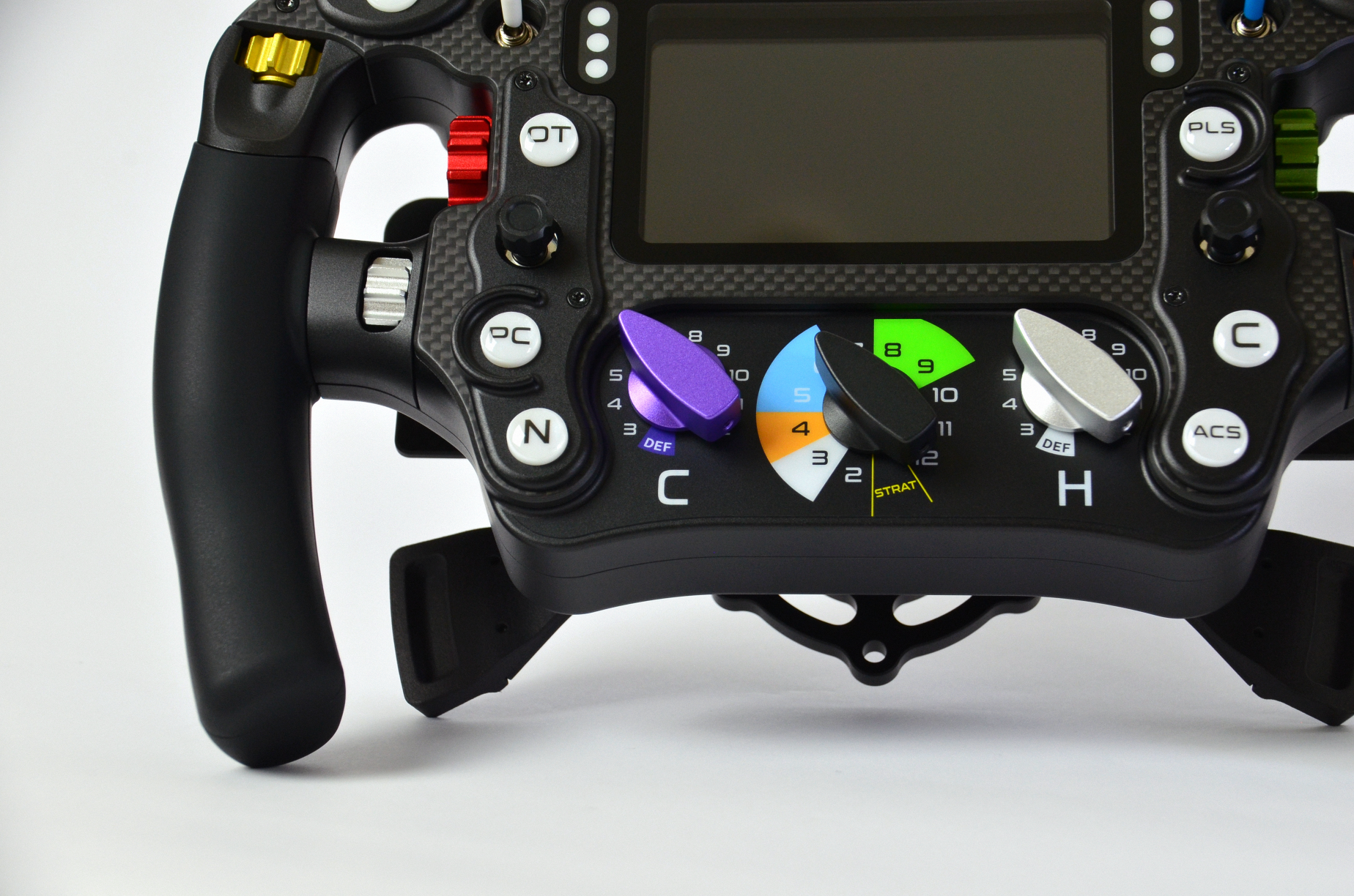 High-end MF1 Formula sim racing wheel with rotary encoders, paddles, and RGB buttons. Aluminium and carbon fibre.