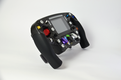 High-end MF1 Formula sim racing wheel with rotary encoders, paddles, and RGB buttons. Aluminium and carbon fibre.