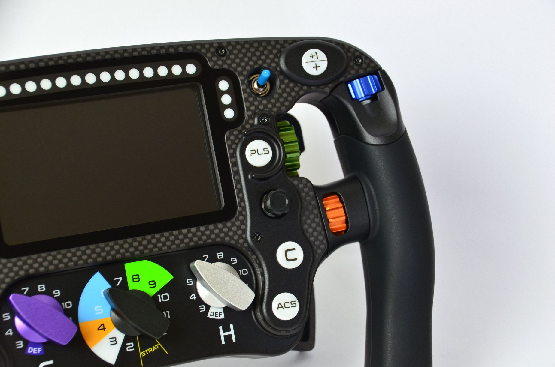 High-end MF1 Formula sim racing wheel with rotary encoders, paddles, and RGB buttons. Aluminium and carbon fibre.