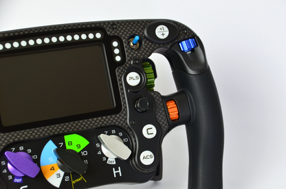 High-end MF1 Formula sim racing wheel with rotary encoders, paddles, and RGB buttons. Aluminium and carbon fibre.