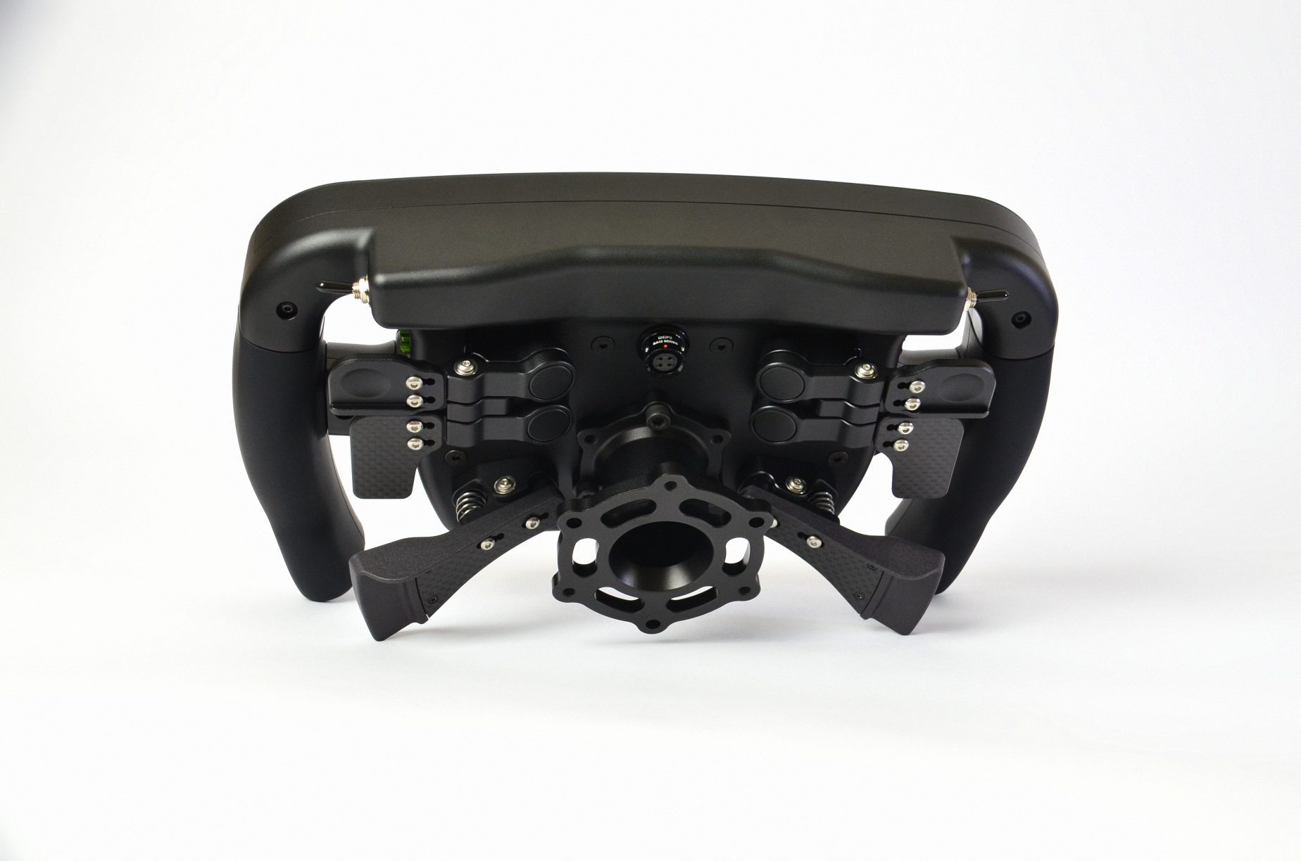 High-end MF1 Formula sim racing wheel with rotary encoders, paddles, and RGB buttons. Aluminium and carbon fibre.