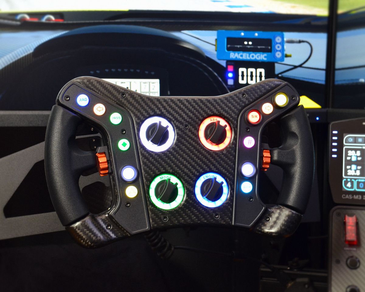 High-end GZ GT sim racing wheel with rotary encoders, paddles, and RGB buttons. Aluminium and carbon fibre.
