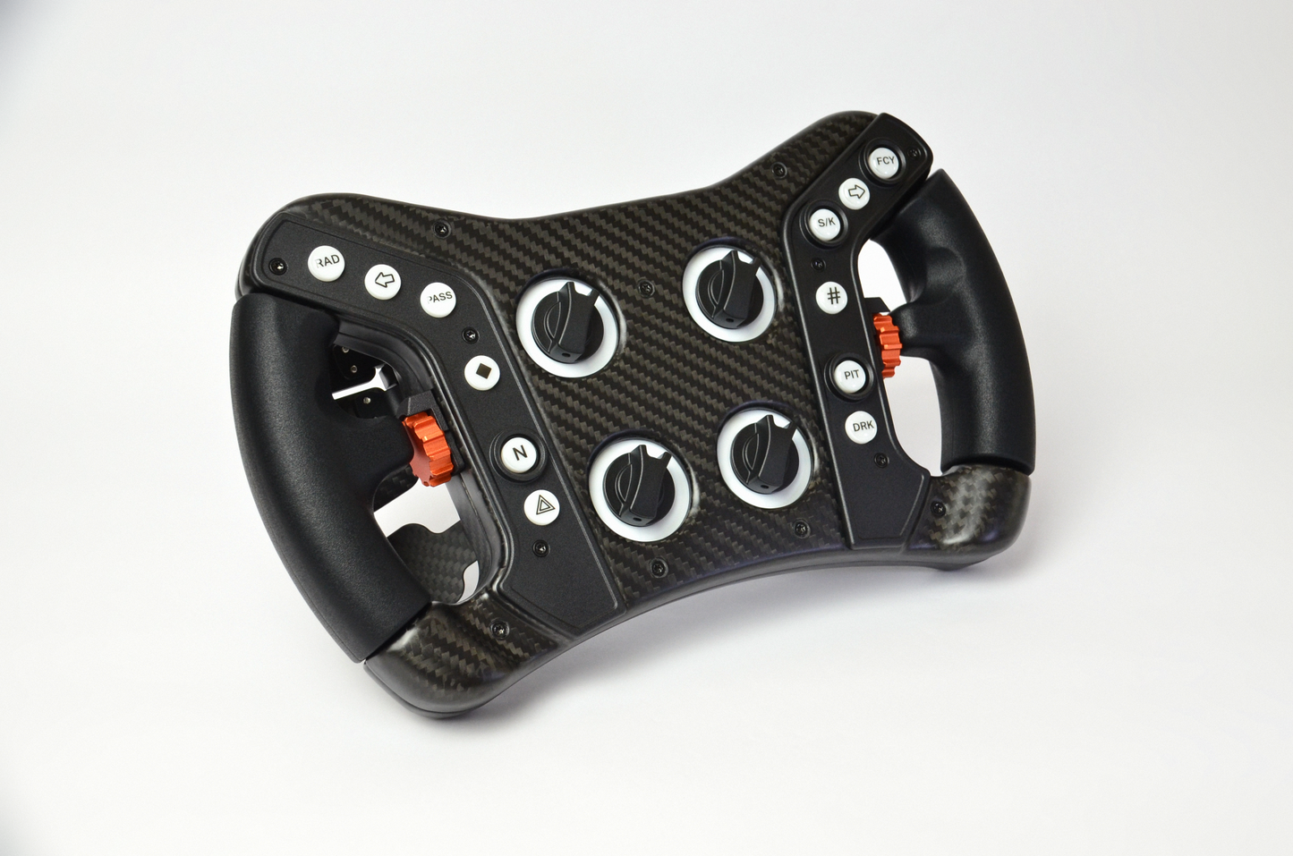 High-end GZ GT sim racing wheel with rotary encoders, paddles, and RGB buttons. Aluminium and carbon fibre.