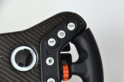 High-end GZ GT sim racing wheel with rotary encoders, paddles, and RGB buttons. Aluminium and carbon fibre.