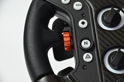 High-end GZ GT sim racing wheel with rotary encoders, paddles, and RGB buttons. Aluminium and carbon fibre.