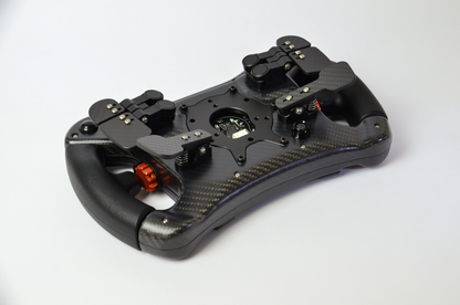 High-end GZ GT sim racing wheel with rotary encoders, paddles, and RGB buttons. Aluminium and carbon fibre.