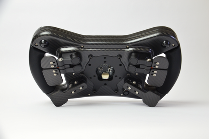 High-end GZ GT sim racing wheel with rotary encoders, paddles, and RGB buttons. Aluminium and carbon fibre.