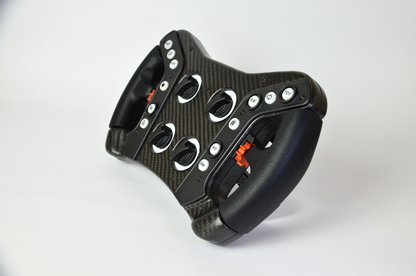 High-end GZ GT sim racing wheel with rotary encoders, paddles, and RGB buttons. Aluminium and carbon fibre.