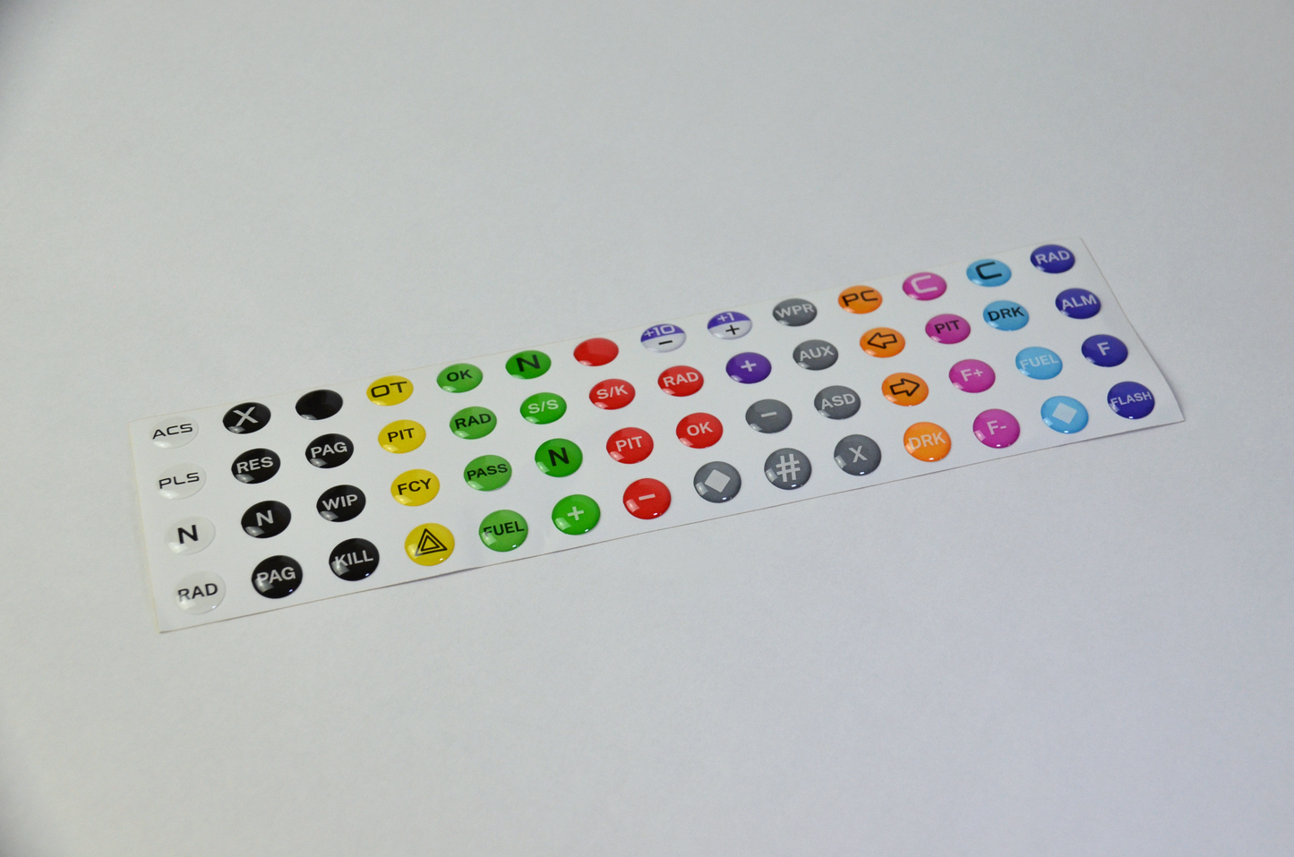 High-quality epoxy domed decals for MF1 DIY Project buttons.