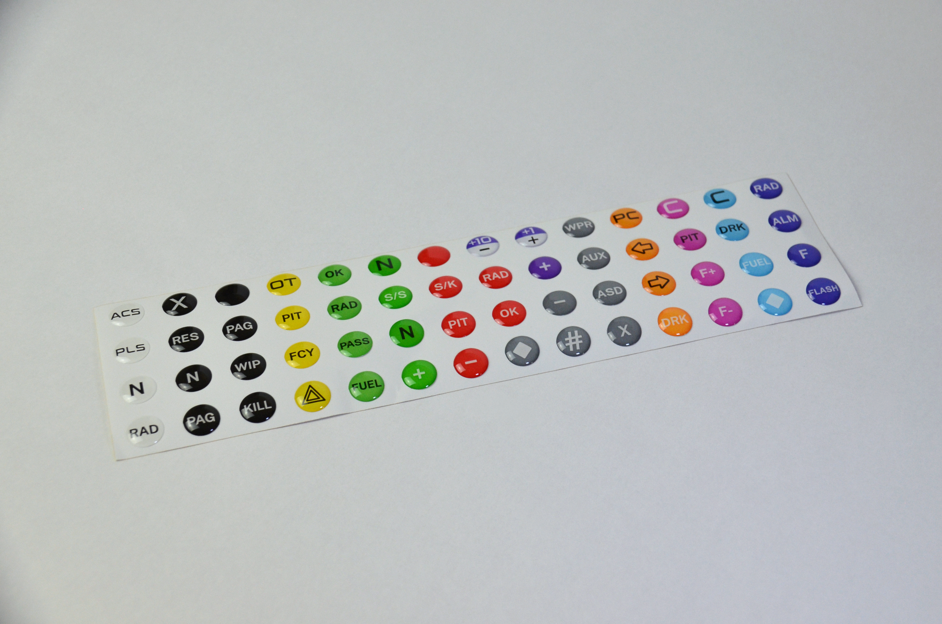 High-quality epoxy domed decals for MF1 DIY Project buttons.