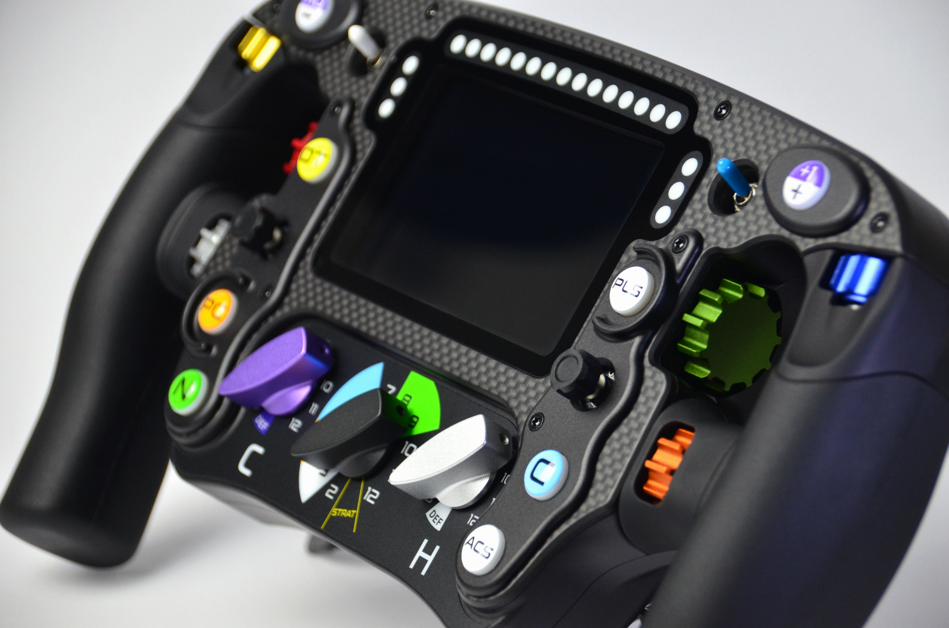 High-end MF1 Formula sim racing wheel with rotary encoders, paddles, and RGB buttons for ultimate performance