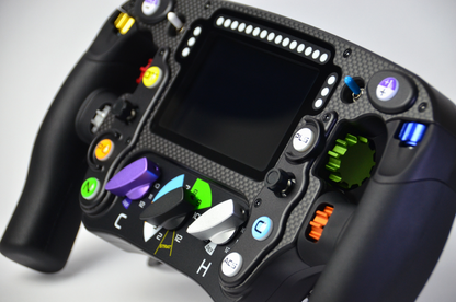 High-end MF1 Formula sim racing wheel with rotary encoders, paddles, and RGB buttons for ultimate performance