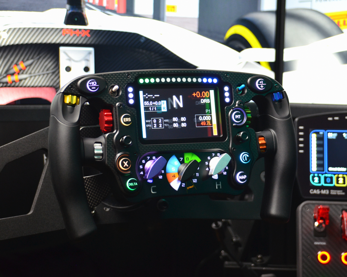 High-end MF1 Formula sim racing wheel with rotary encoders, paddles, and RGB buttons for ultimate performance