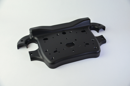 CNC machined aluminium rear enclosure with black anodized finish, designed for the MF1 DIY sim racing wheel.